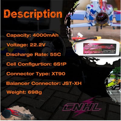 סוללת ליפו CNHL Lipo 6S 22.2V Battery 4000mAh G+Plus 55C XT90 For Vortex LRC Freestyle V1 RC