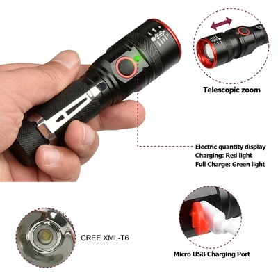 פנס יד לד מקצועי 3000Lumens סגסוגת אלומיניום  מנורת T6 עוצמה 3000 לומינס חזק במיוחד