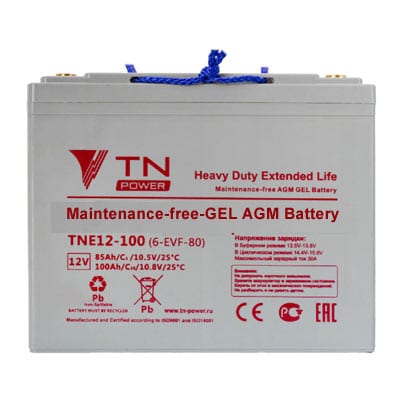 מצבר פריקה עמוקה ג'ל AGM 12V 100Ah מתאים לאל פסק וסולארי למלגזות ולמכונות שטיפה ממונעות מבית TN Power